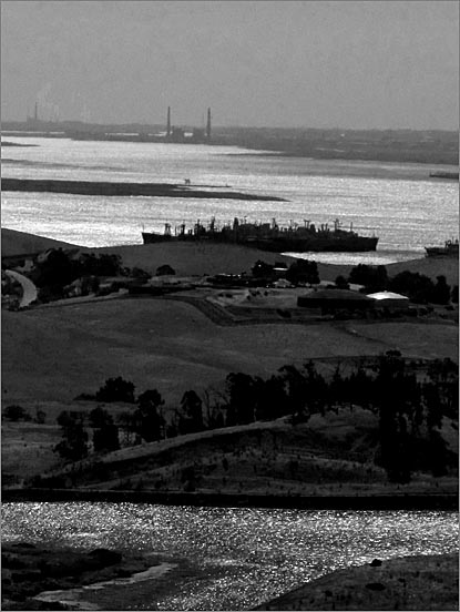 sm (13) 090723 Vallejo.jpg - View of Lake Herman in the foreground, and Suisun Bay with the ‘Mothball’ fleet in the background.